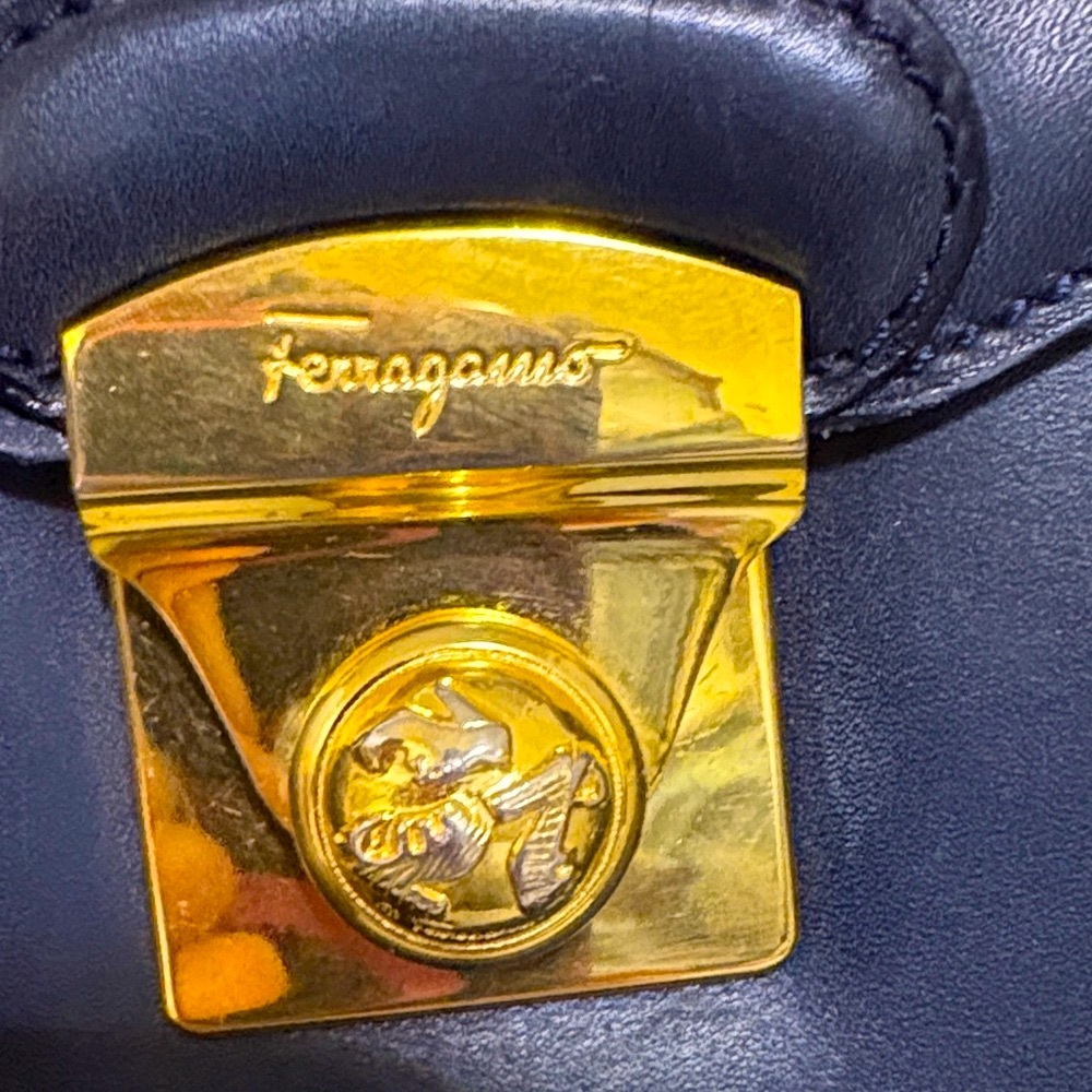 EUC Ferragamo Elegant Black Leather Handbag with Gold Accents - Picture 3 of 16